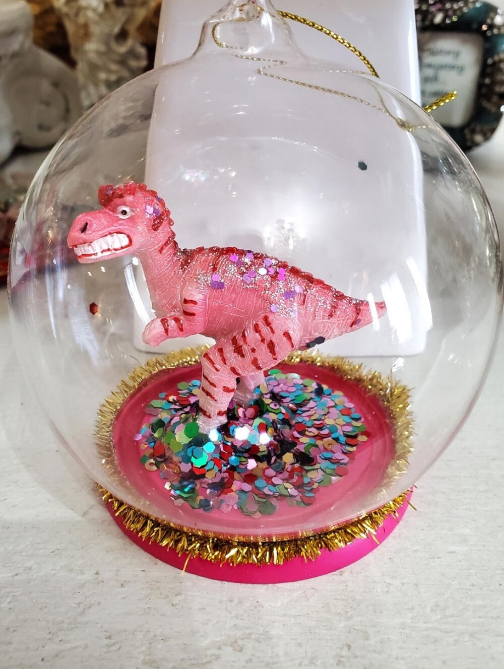 Fun Pink Dino Glass Ornament!
